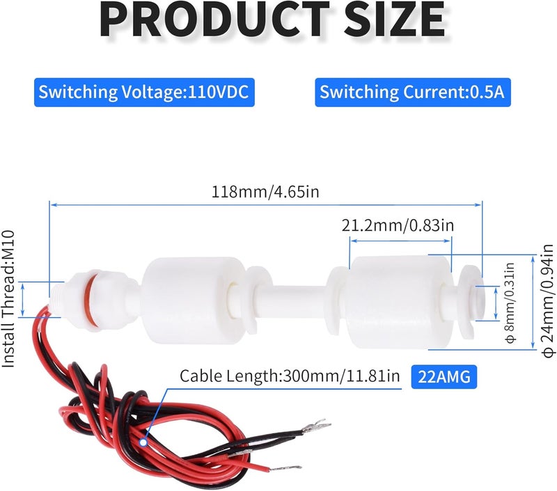 FOCMKEAS Polypropylene Float Switch Water Level Sensor Double Ball Water Level Controller Sensor Switch M10 for Smart Toilet Solar Tank Pool Pump Liquid Control Length 118mm White - Image 2